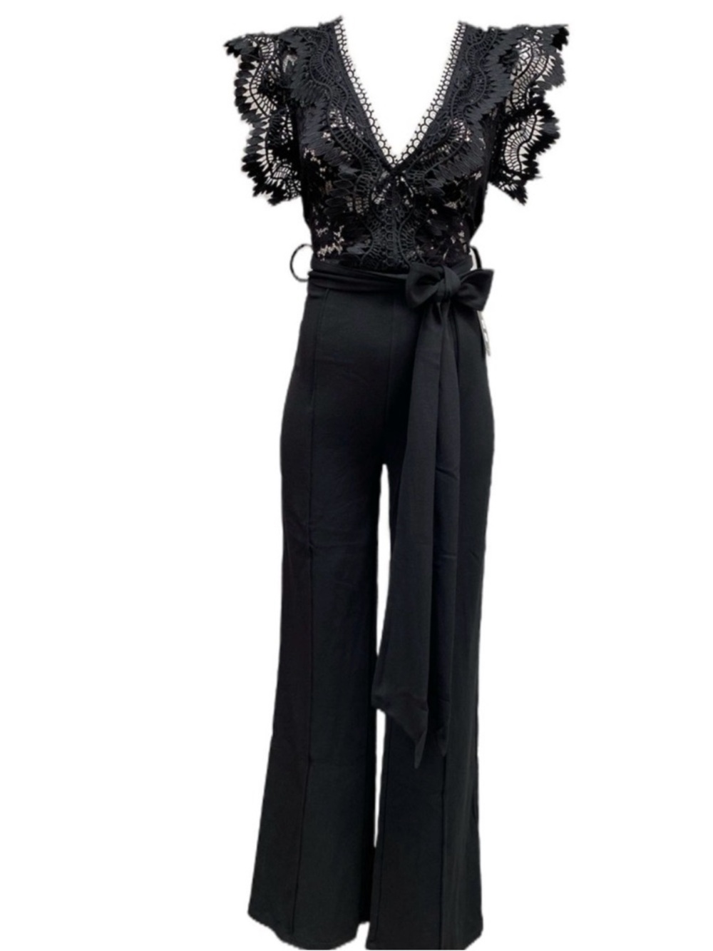 Lace-Trim V-Neck Black Jumpsuit with Waist Tie